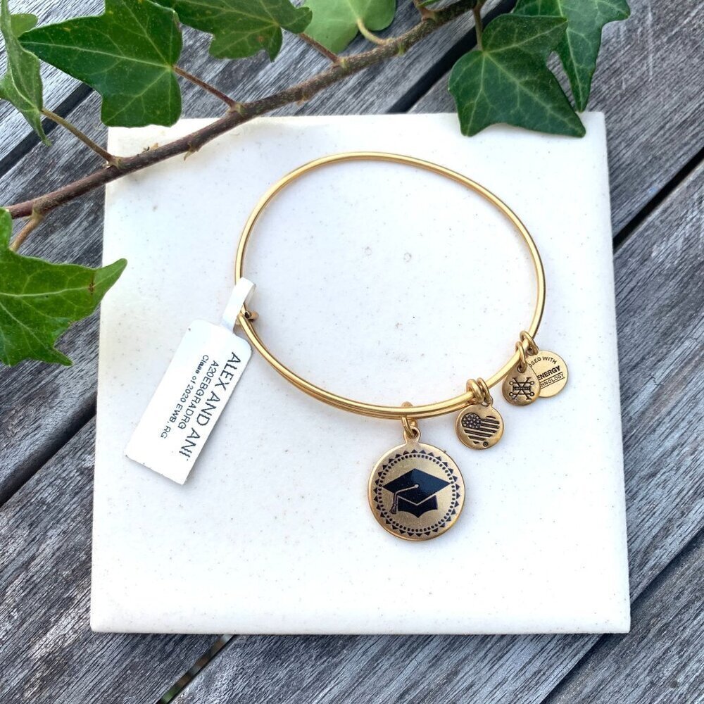 Alex and Ani Class of 2020 Grad Charm Bracelet Gold Finish - Expands 2"- 3.5"